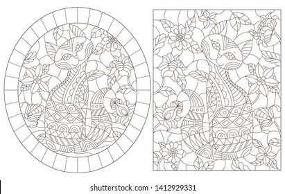 A set of contour illustrations of stained glass Windows with cats on a background of colors, dark contours on a white background