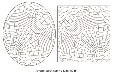 A set of contour illustrations of stained glass Windows with abstract celestial landscapes, dark contours on a white background
