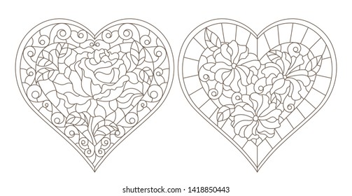 Set of contour illustrations of stained glass Windows with abstract hearts and colors , dark contours on white background