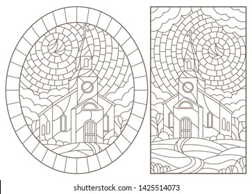 Set of contour illustrations of stained glass Windows with temples on the background of landscapes, dark contours on a white background