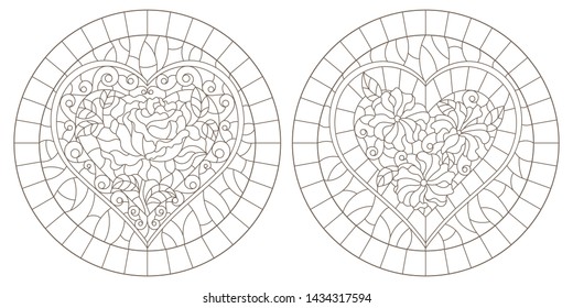 Set of contour illustrations of stained glass Windows with abstract hearts and flowers , dark contours on white background, round images