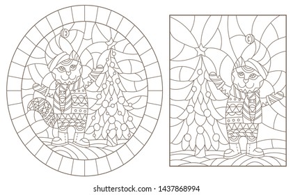 Set contour illustrations of the stained glass Windows with Christmas cats, dark outlines on a light background