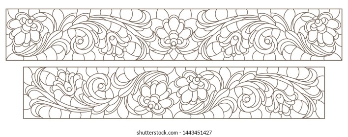 Set contour illustrations of stained glass with abstract swirls and flowers , horizontal orientation