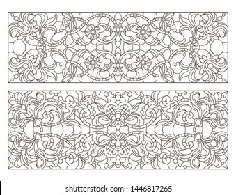 Set contour illustrations of stained glass with abstract swirls and flowers , horizontal orientation