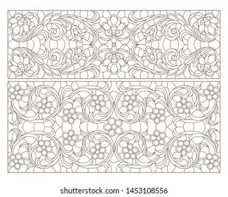 Set contour illustrations of stained glass with abstract swirls and flowers , horizontal orientation