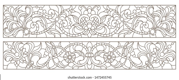 Set contour illustrations of stained glass with abstract swirls and flowers , horizontal orientation