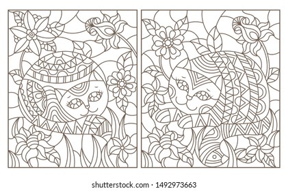 A set of contour illustrations of stained glass cats on a background of flowers, dark outline on a white background