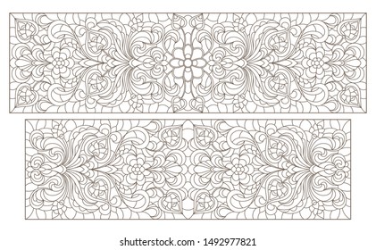 Set contour illustrations of stained glass with abstract swirls and flowers , horizontal orientation