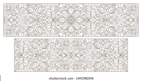 Set contour illustrations of stained glass with abstract swirls and flowers , horizontal orientation