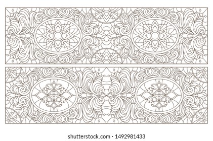 Set contour illustrations of stained glass with abstract swirls and flowers , horizontal orientation