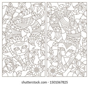 A set of contour illustrations of stained glass cats on a background of flowers, dark outline on a white background