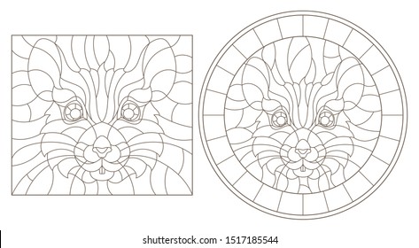 Set of contour illustrations of stained glass Windows with rat heads, dark outlines on white background