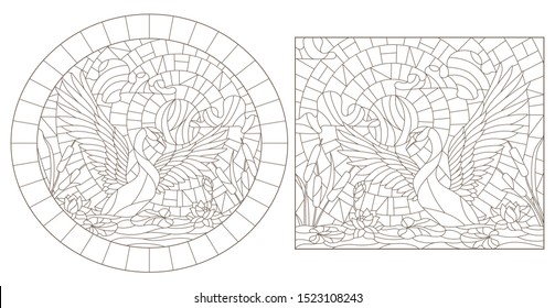 Set contour illustrations of stained glass with swans and lotuses on a pond on a background sky and sun