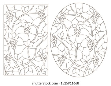 Set contour illustrations of stained glass with grapes and grape leaves , black contour on white background