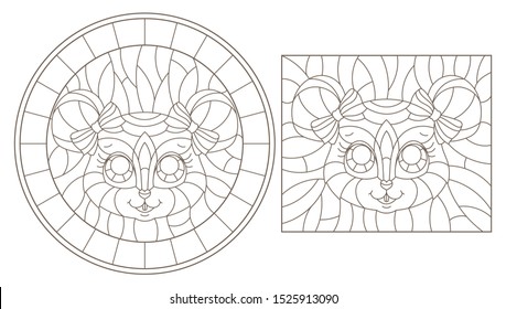 Set of contour illustrations of stained glass Windows with cartoon mouse heads, dark outlines on white background