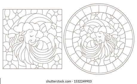 Set of contour illustrations of stained glass Windows with Santa Claus, dark outlines on a white background