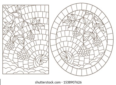 Set of contour illustrations with stained glass, Rowan branches against the sky, dark outlines on a white background