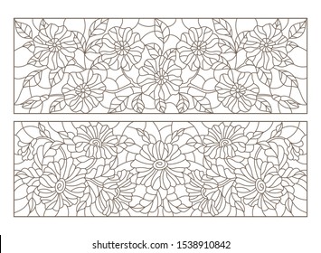 Set of contour illustrations in stained glass style with floral arrangements, dark contours on a white background