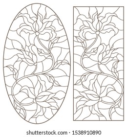 Set of contour illustrations with stained glass flower arrangements, Lily flowers, dark outlines on a white background