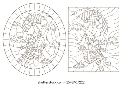 Set contour illustrations of stained glass with funny cats, dark contour on white background