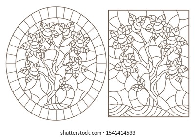 Set contour illustrations of stained glass with the image of the trees, dark outlines on white background