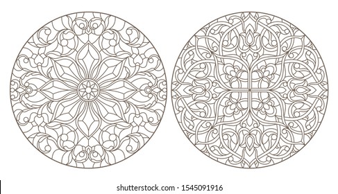 Set contour illustrations of stained glass, round stained glass floral ornaments , dark outline on a white background