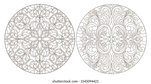 Set contour illustrations of stained glass, round stained glass floral ornaments , dark outline on a white background