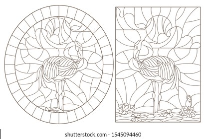 Set contour illustrations of stained glass with flamingos  on a pond on a background sky and sun, dark contours on a white background