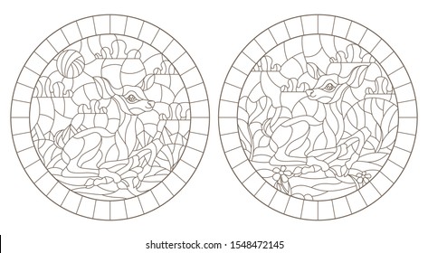 Set of contour illustrations of stained glass Windows with fawns on the background of landscapes, dark contours on a white background
