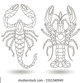 Set of contour illustrations of stained glass Windows with Scorpion and crayfish fish, dark outlines on a white background