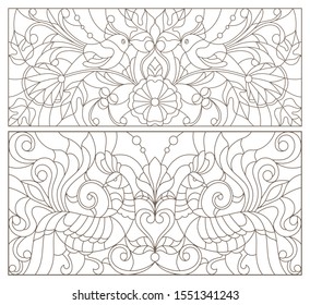 Set of contour illustrations of stained glass with birds and flowers, dark outline on white background