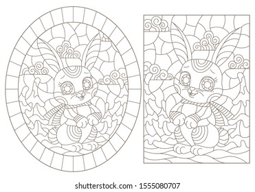 Set of contour illustrations of stained glass Windows with cute cartoon rabbits on the background of winter landscapes, dark outlines on a white background