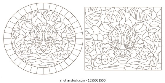 Set contour illustrations of stained glass with a Cheetah on the background of tropical plants, round and square image, dark contours on white background