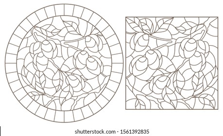 Set contour illustrations of stained glass, the branch of a plum tree with ripe fruits, dark contour on white background