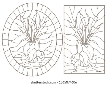 Set of contour illustrations of stained glass Windows with still lifes, vase with reeds and fruit, dark outlines on a white background