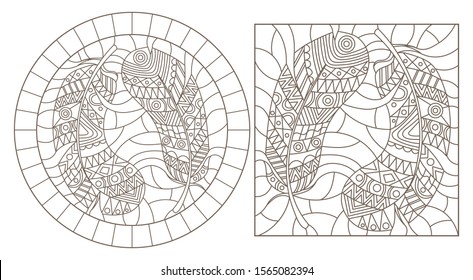 Set of contour illustrations of stained glass Windows with patterned feathers, dark outlines on a white background