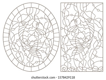 Set contour illustrations of stained glass with carp koi fishes, dark outlines on white background