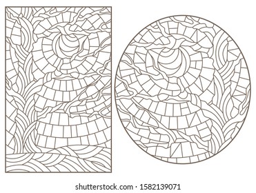 Set contour illustrations of stained glass with the image of the trees, dark contours on white background