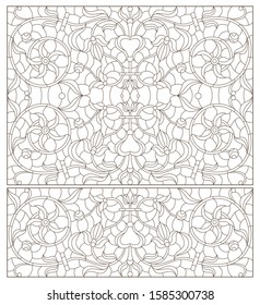 Set contour illustrations of stained glass with abstract swirls and flowers , horizontal orientation