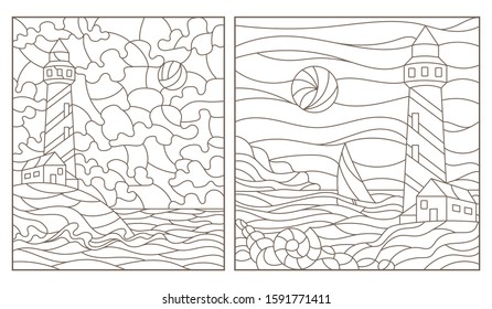 Set of contour illustrations of stained glass Windows with seascapes, lighthouses on the background of the sea and the Sunny sky