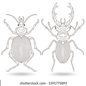 Set of contour illustrations of stained glass Windows with beetles, dark contours isolated on white background