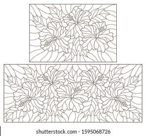 Set contour illustrations in the stained glass style with floral pattern of hibiscus, dark outline on a white background