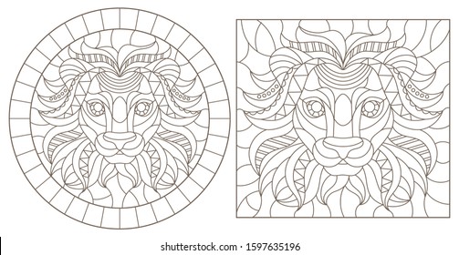 Set of contour illustrations of stained glass Windows with lion heads, on a white background