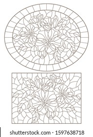 Set of contour illustrations of stained glass Windows with branches of a flowering Apple tree, dark outlines on a white background