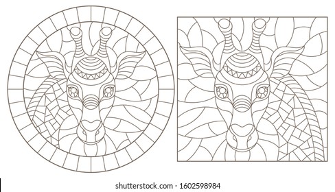 Set of contour illustrations of stained glass Windows with giraffe heads isolated on white background