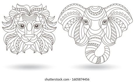 Set of contour illustrations of stained glass heads of an elephant and a lion, dark outlines on a white background