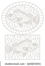 Set of contour illustrations of stained glass Windows with sea bass, dark outlines on a white background