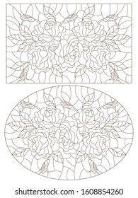 Set of contour illustrations of stained glass Windows with roses  , oval and rectangular image, dark contours on a white background