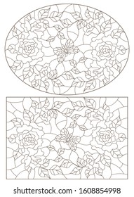 Set of contour illustrations of stained glass Windows with roses  and butterflies , oval and rectangular image, dark contours on a white background