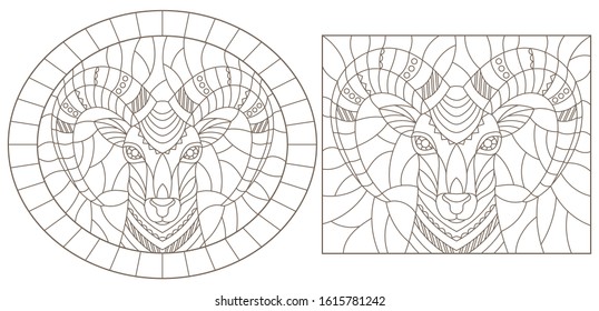 Set of contour illustrations of stained glass Windows with rams ' heads, dark outlines on a white background